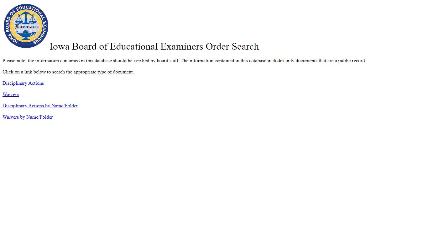 Iowa Board of Educational Examiners Order Search